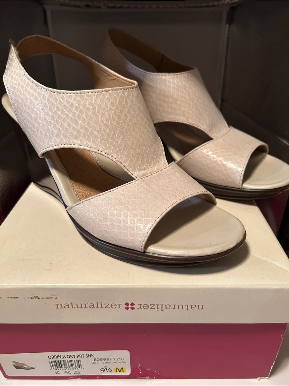 Naturalizers Orrin platform wedge sandals ivory faux snake brown adjustable tab
